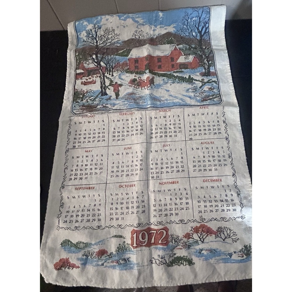 Vtg 1972 Linen Calendar Tea Towel Winter Barn Farmhouse Kitchen Wall Decor